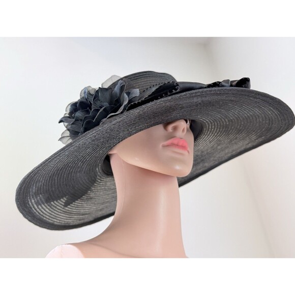 Plaza Suite by Betmar Black Wide Brim Derby Church Hat Floral Wedding Tea Party main image 14